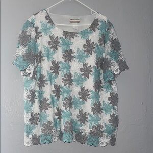 Alfred Dunner Women's Floral Lace Top - Gray and Blue 24